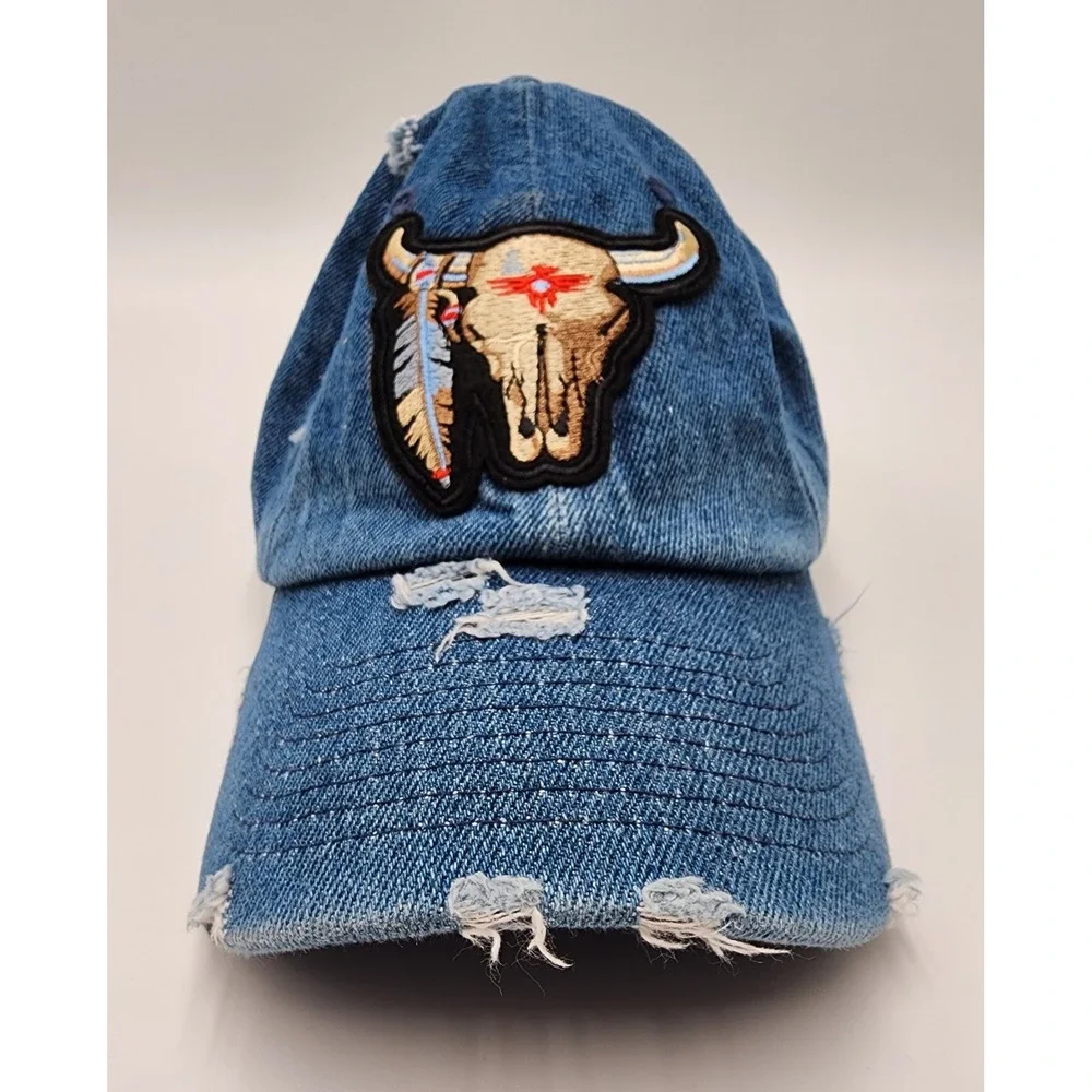 KB ETHOS VINTAGE DENIM DISTRESSED TRUCKER BASEBALL HAT CAP BULL SKULL PATCH